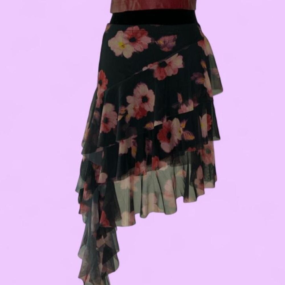 Black Floral Asymmetrical Layered Ruffle Skirt